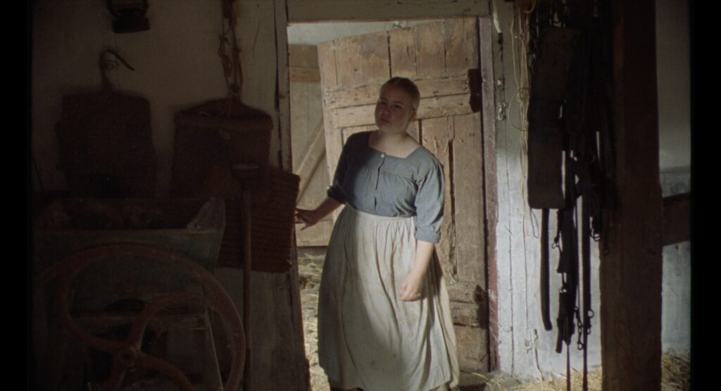 Woman standing in the doorway of a rustic farmhouse room surrounded by tools and everyday objects.