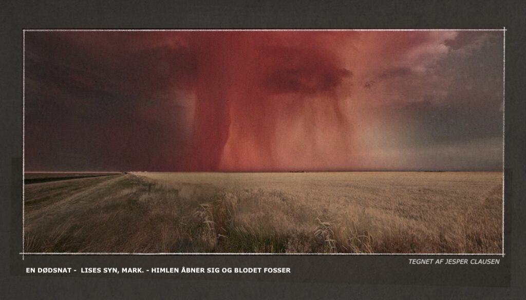 Concept visualization of a dramatic red storm over a wheat field for As in Heaven (2021), by Production Designer Jesper Clausen.